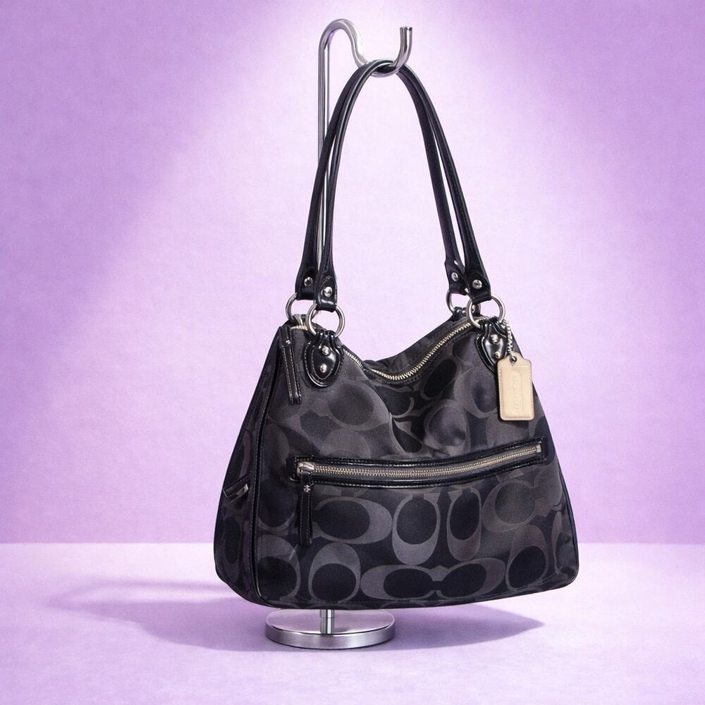 Coach Poppy Black Signature Canvas Shoulder Bag with Patent Trim